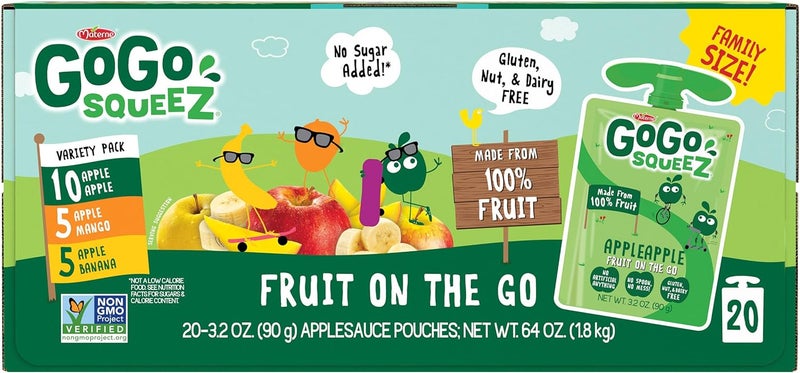 GoGo squeeZ Applesauce and Fruit Puree Variety Pack, Apple, Mango & Banana, 3.2 oz (Pack of 20), Unsweetened Fruit Snacks for Kids, Gluten Free, Nut Free, BPA Free Pouches (Packaging May Vary) - Image 3